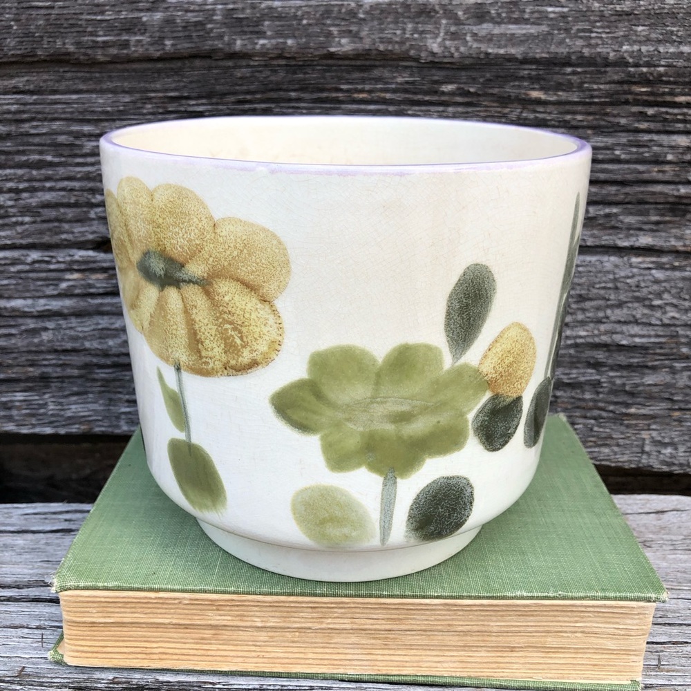 Crown Lynn Ironstone Boho Planter with floral motif Ceramic golden yellow green - Picture 7 of 16
